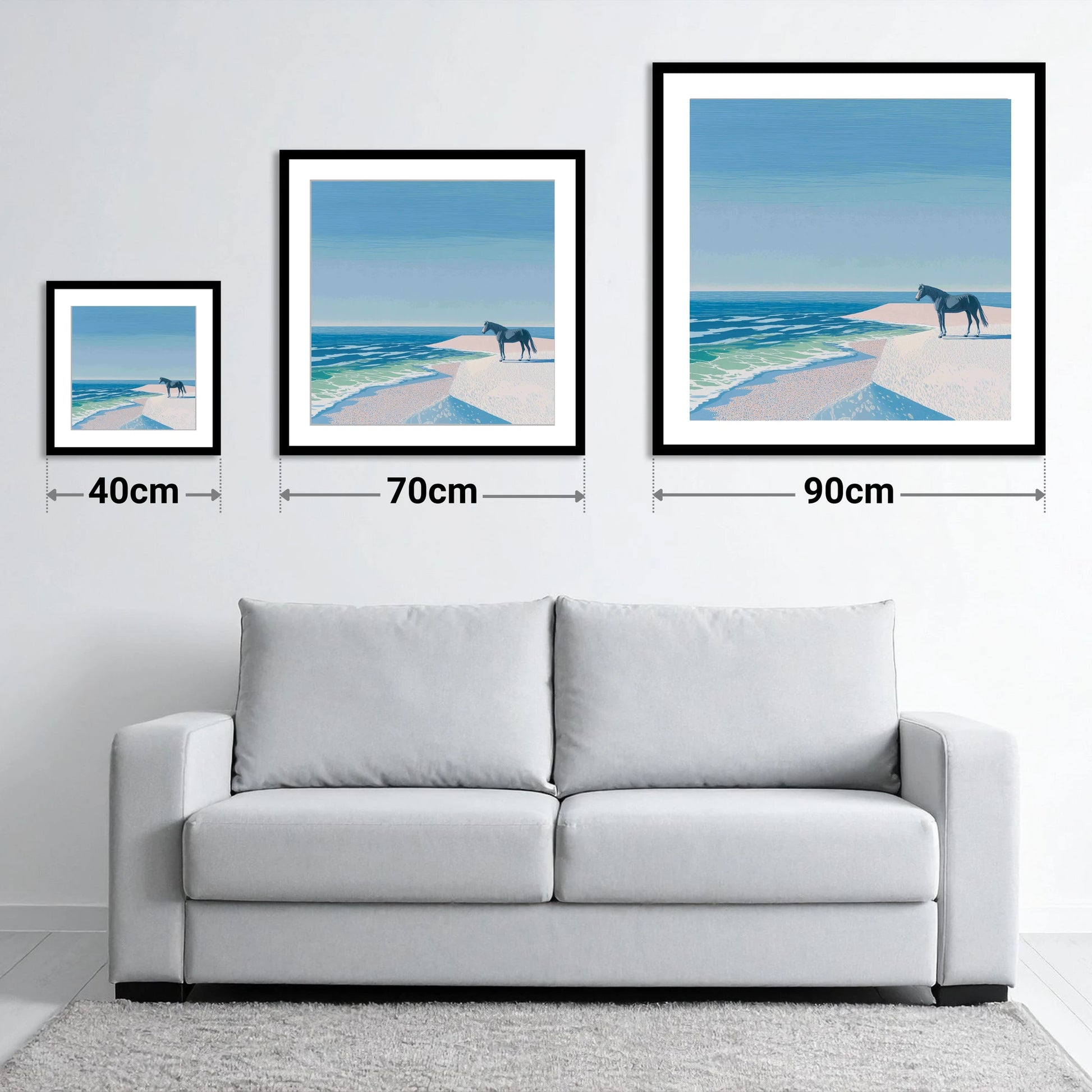 Coastal Solitude - size guide showing 40cm, 70cm and 90cm art prints