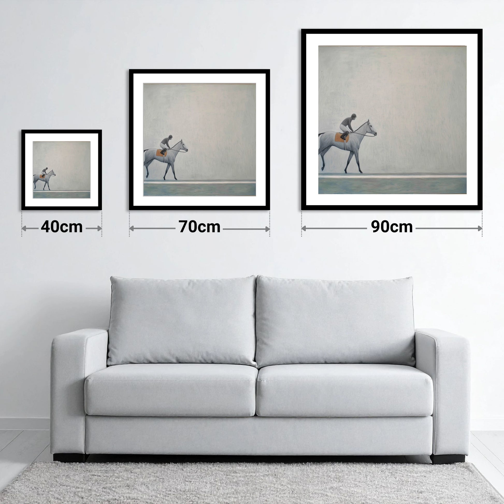 Silent Stride - size guide showing 40cm, 70cm and 90cm art prints
