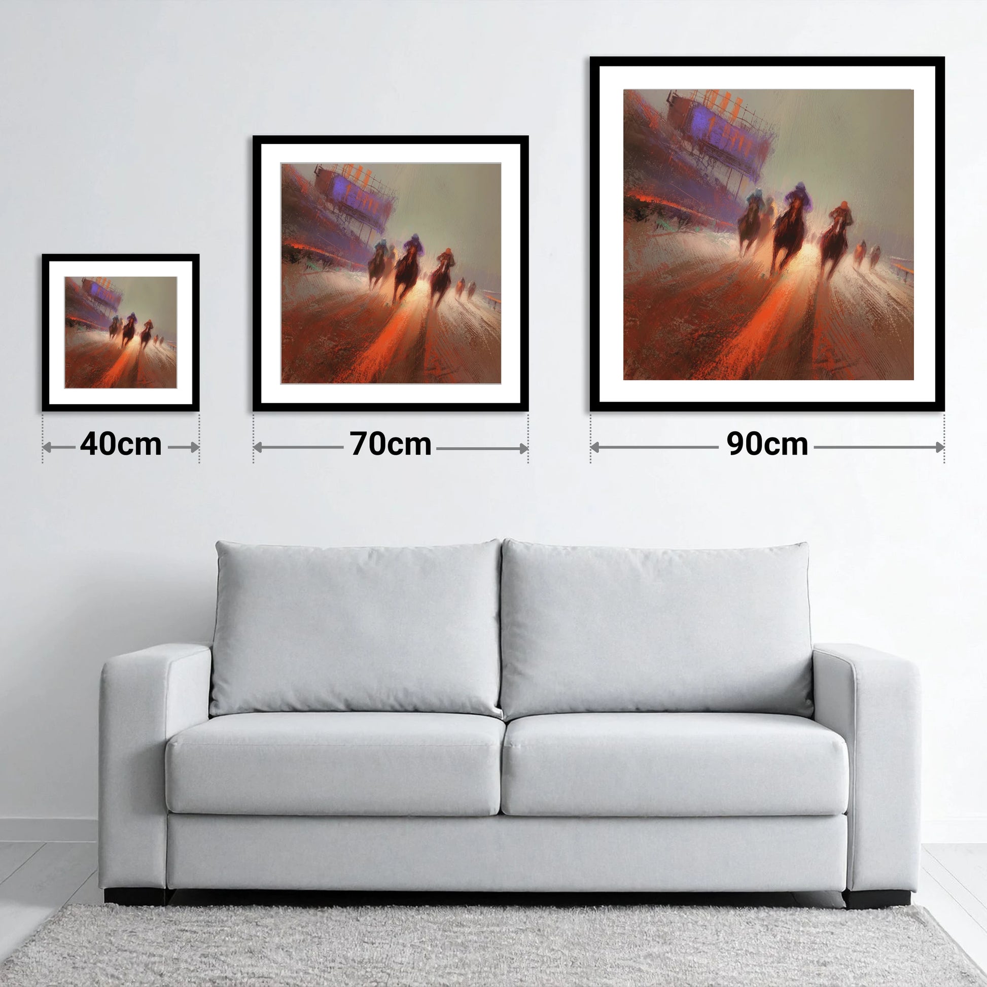 The Final Furlong - size guide showing 40cm, 70cm and 90cm art prints
