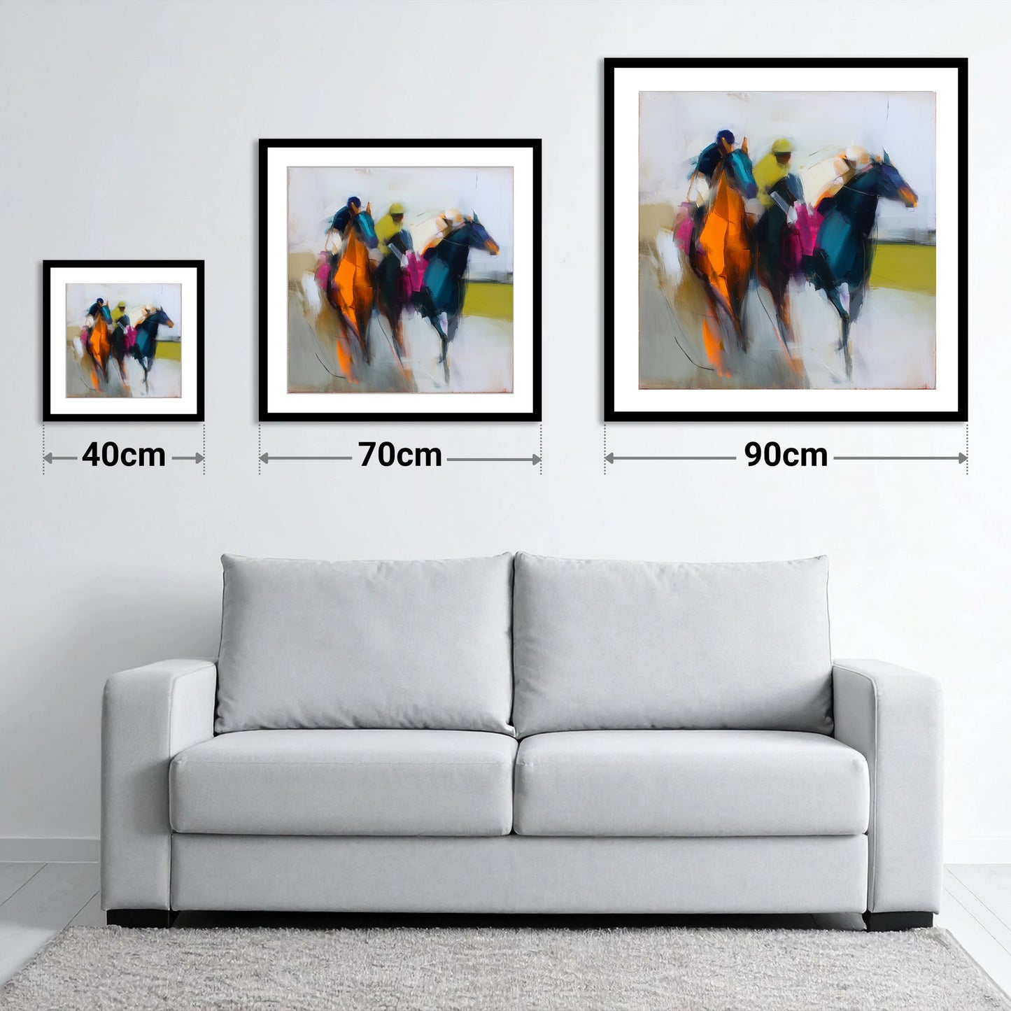 The Colour of Speed - size guide showing 40cm, 70cm and 90cm art prints