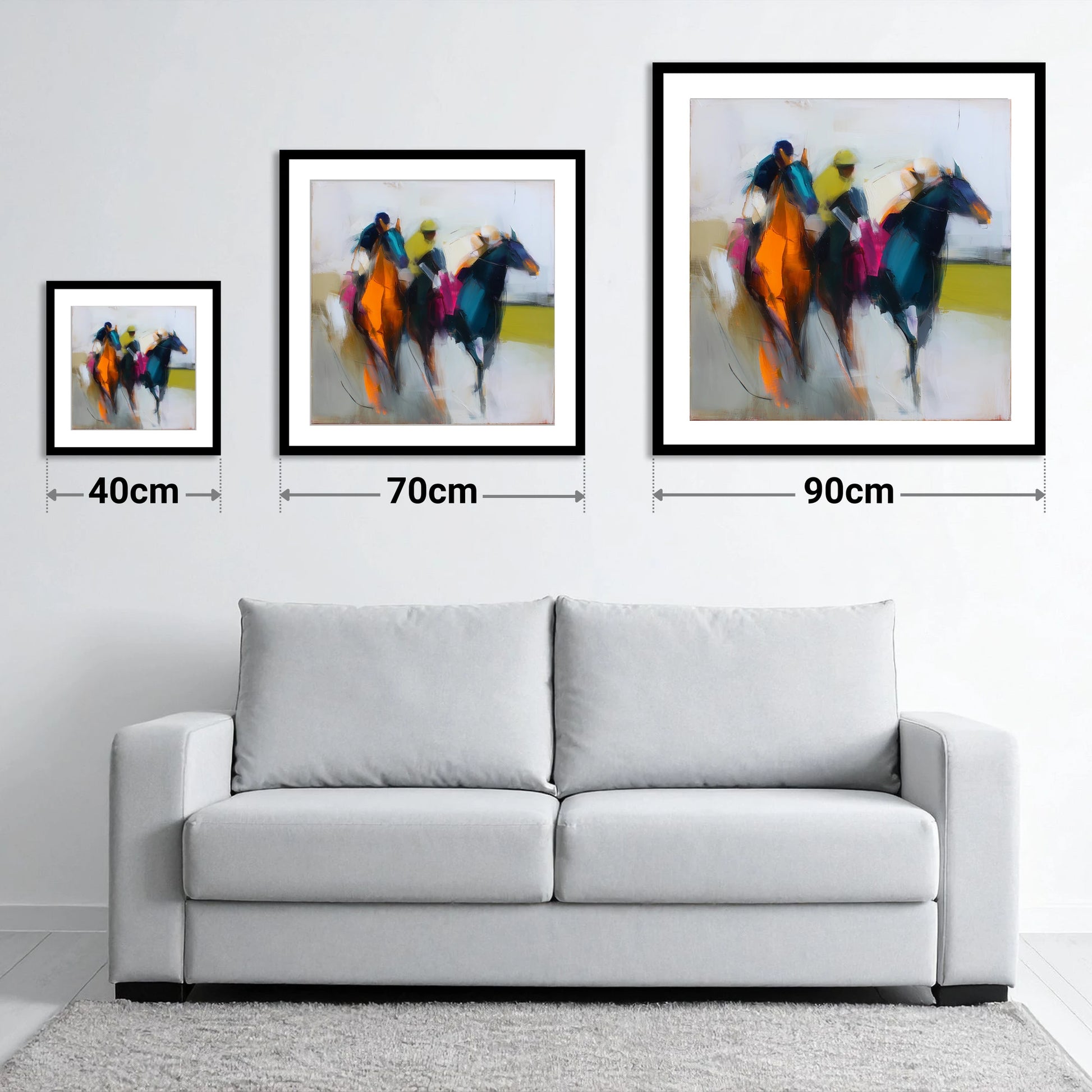 The Colour of Speed - size guide showing 40cm, 70cm and 90cm art prints
