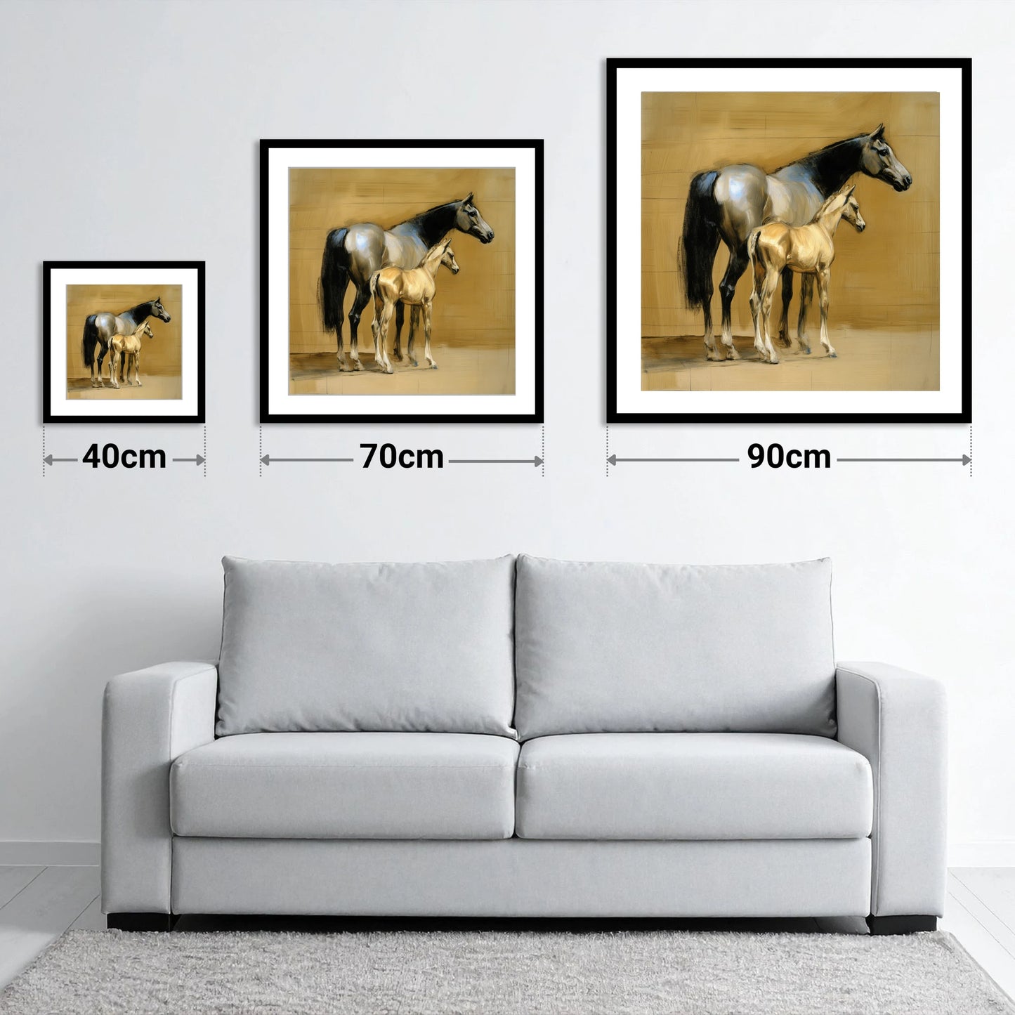 Slate and Gold - size guide showing 40cm, 70cm and 90cm art prints