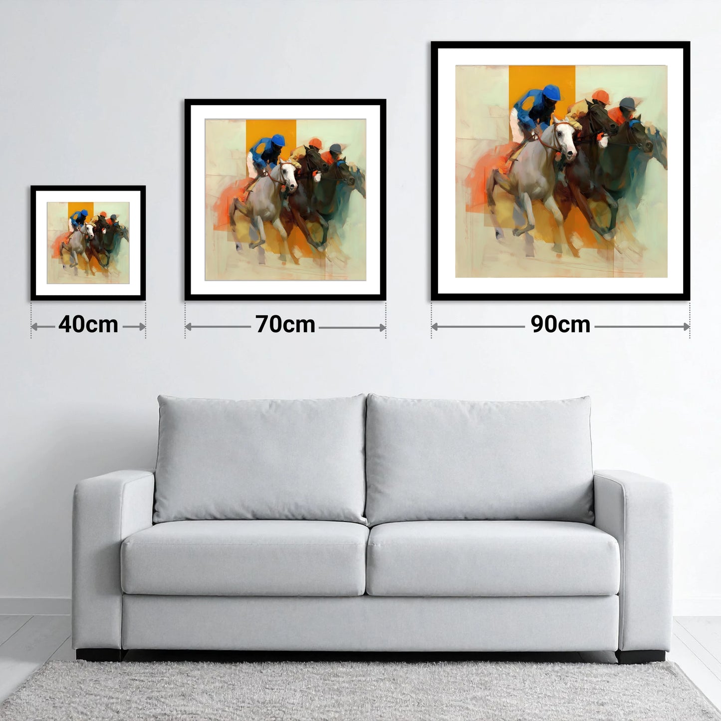 Surge to the Line - size guide showing 40cm, 70cm and 90cm art prints