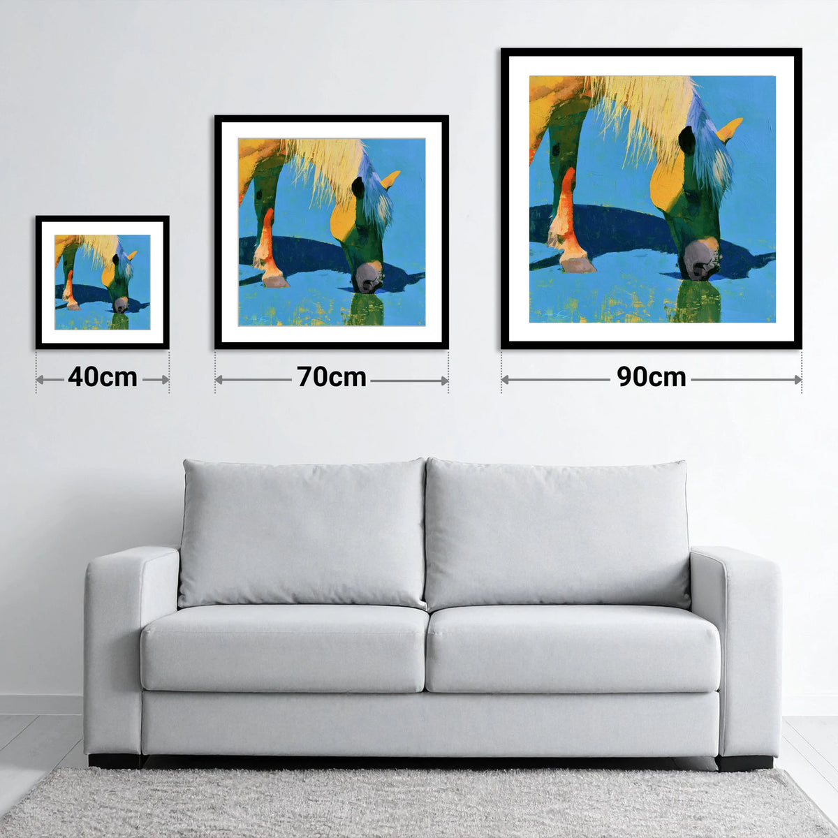 Vibrant Horse Drinking Water - size guide showing 40cm, 70cm and 90cm art prints