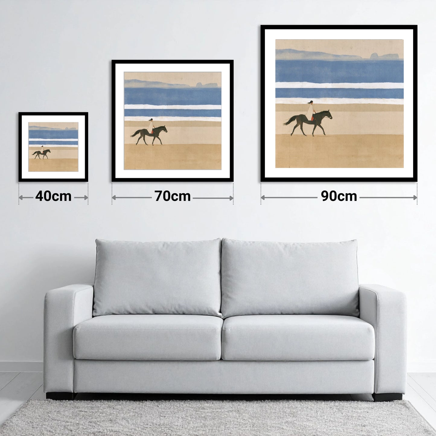 Tranquil Coastal Ride - size guide showing 40cm, 70cm and 90cm art prints