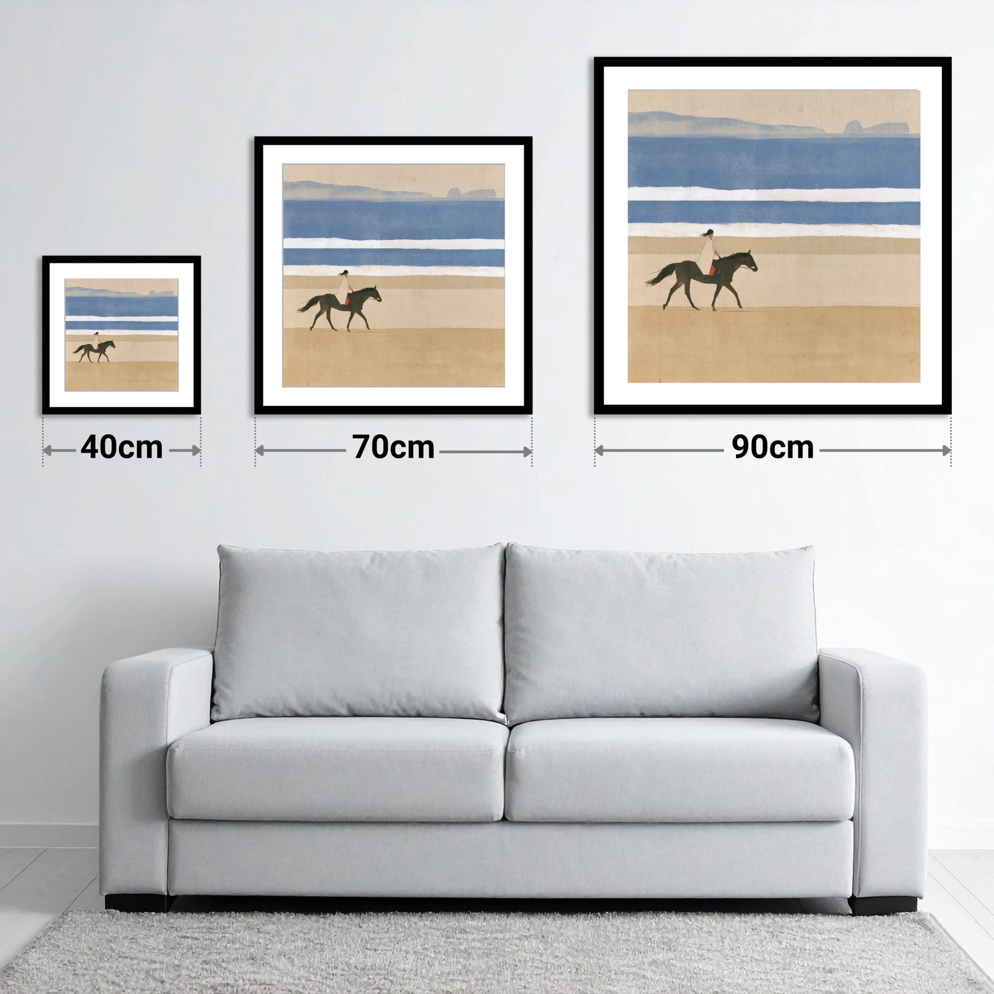 Tranquil Coastal Ride - size guide showing 40cm, 70cm and 90cm art prints