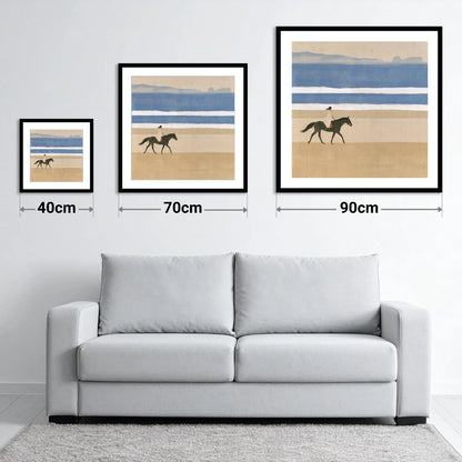 Tranquil Coastal Ride - size guide showing 40cm, 70cm and 90cm art prints