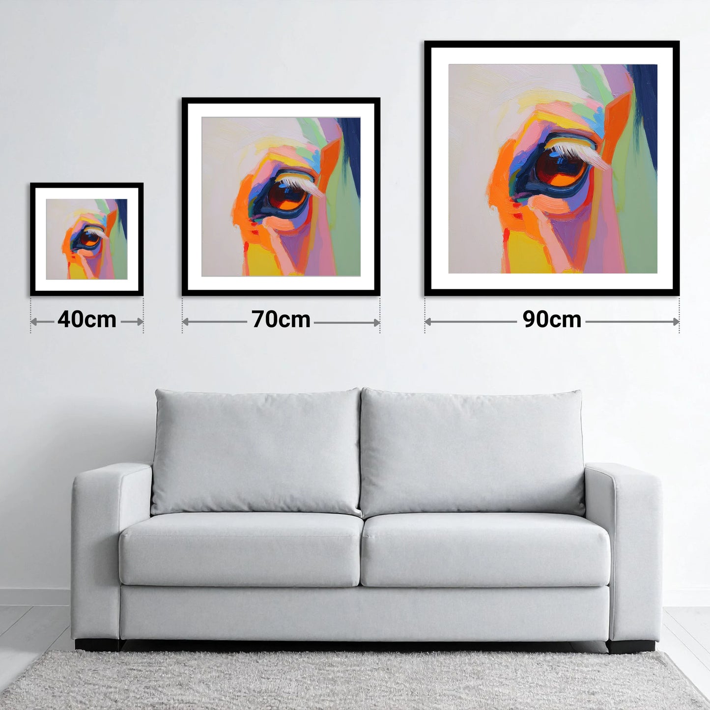 Kaleidoscopic Gaze - size guide showing 40cm, 70cm and 90cm art prints