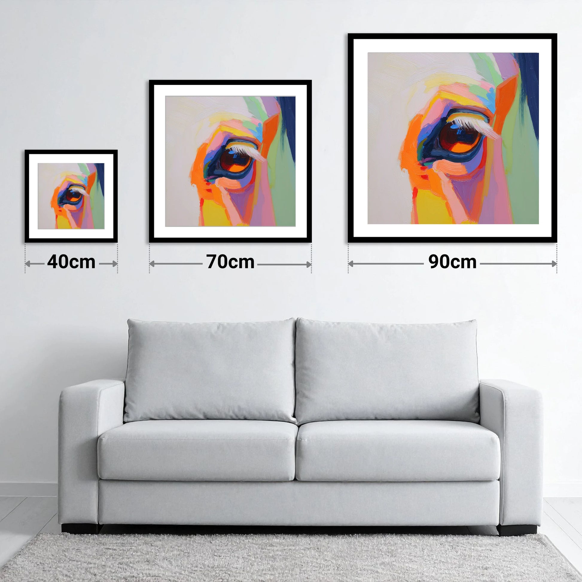 Kaleidoscopic Gaze - size guide showing 40cm, 70cm and 90cm art prints