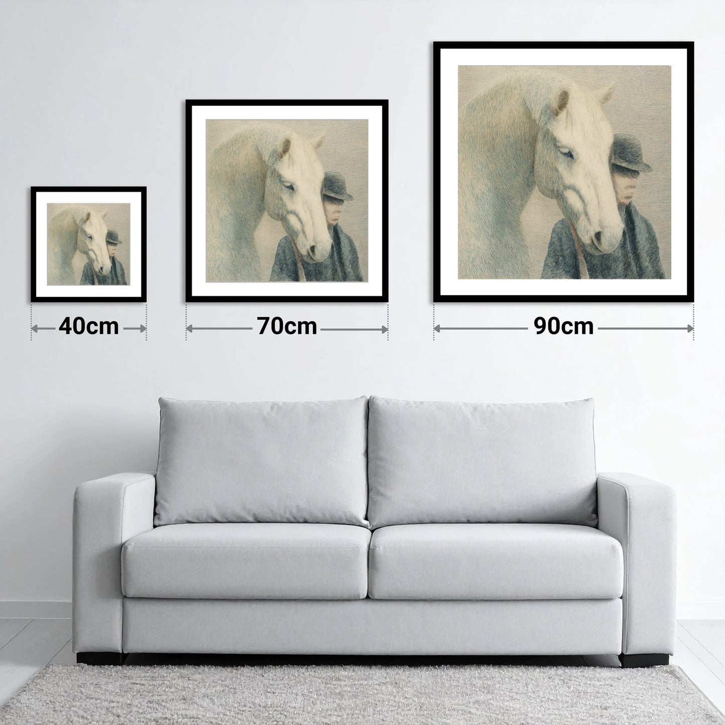 A Quiet Understanding - size guide showing 40cm, 70cm and 90cm art prints