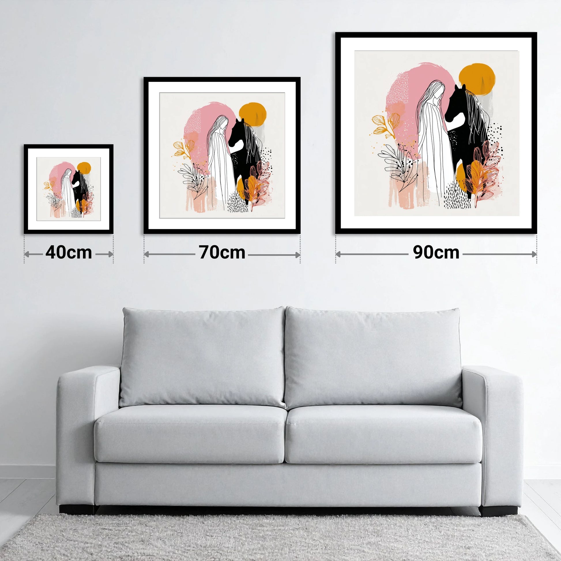 Abstract Equine Harmony - size guide showing 40cm, 70cm and 90cm art prints