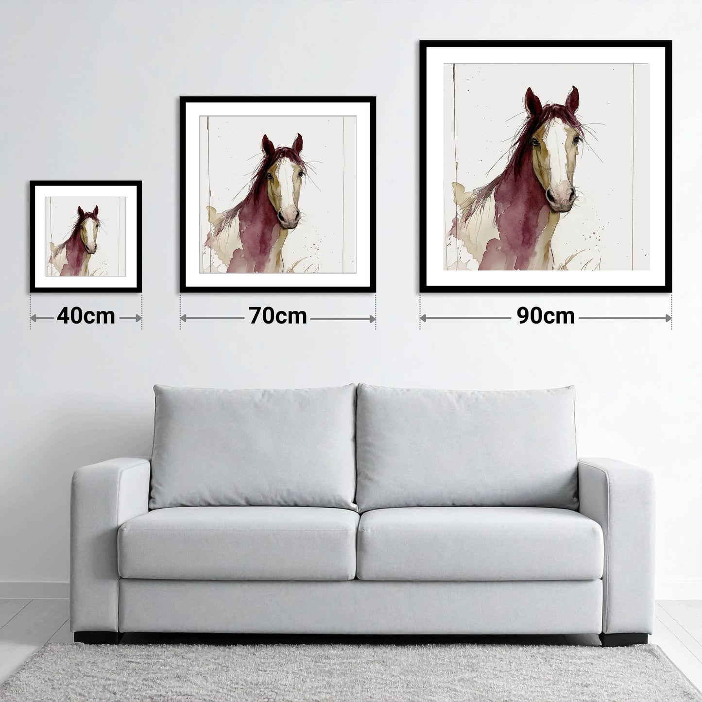 Plum Wash Equine Portrait - size guide showing 40cm, 70cm and 90cm art prints