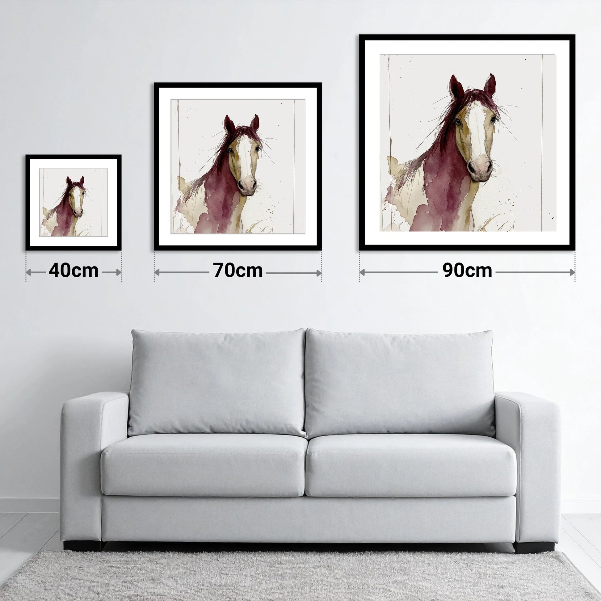 Plum Wash Equine Portrait - size guide showing 40cm, 70cm and 90cm art prints