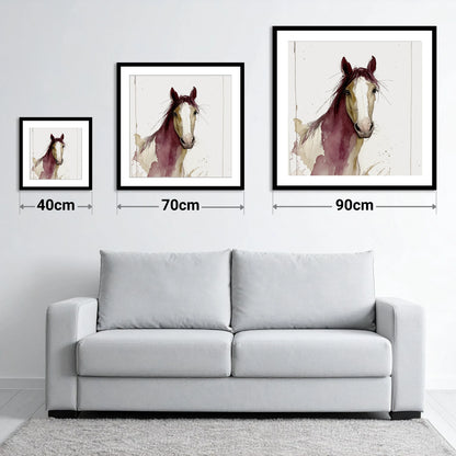 Plum Wash Equine Portrait - size guide showing 40cm, 70cm and 90cm art prints