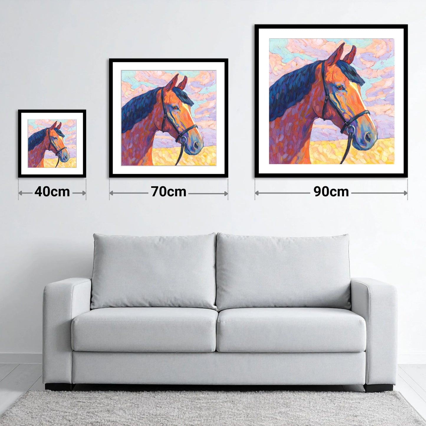 Painted Bay Profile - size guide showing 40cm, 70cm and 90cm art prints