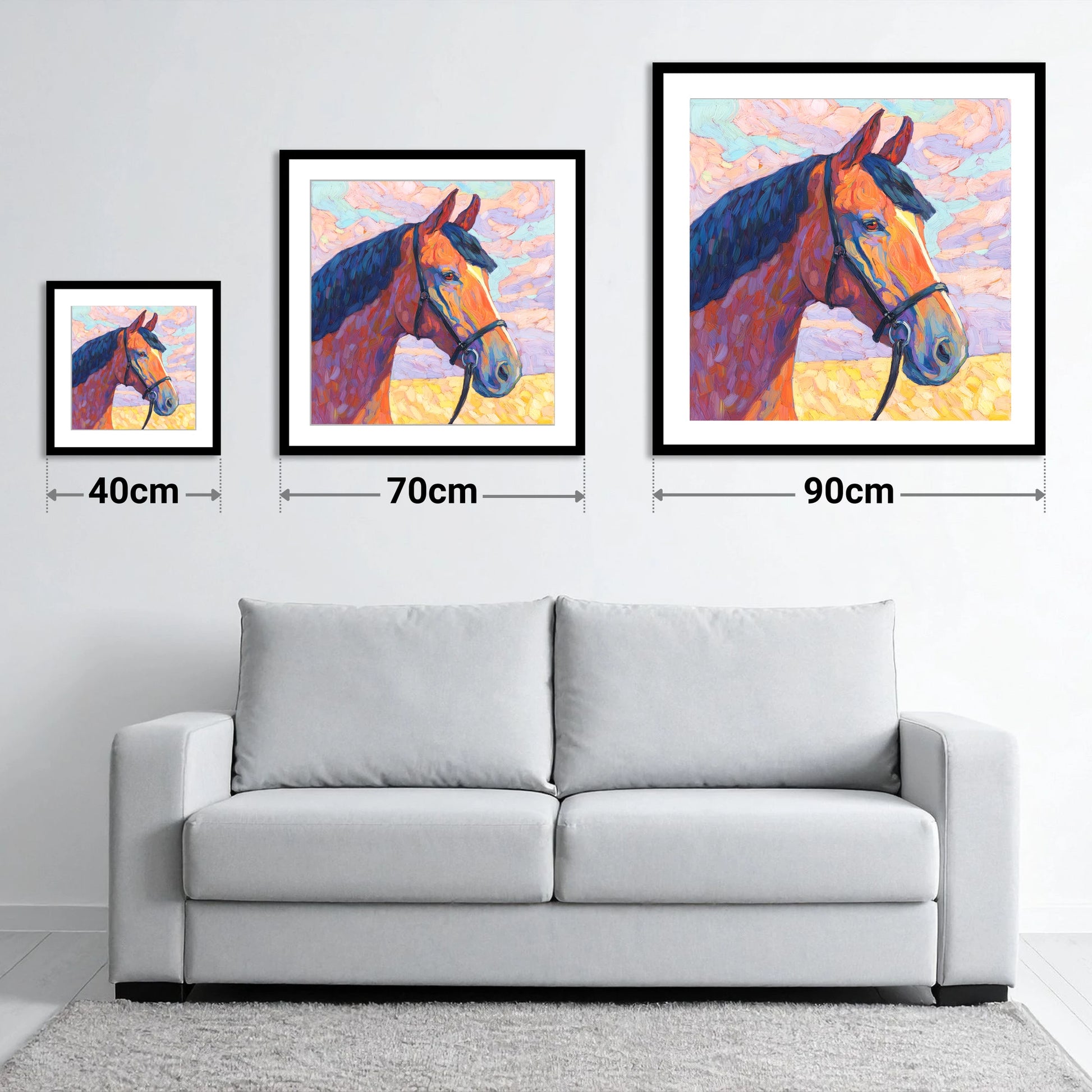 Painted Bay Profile - size guide showing 40cm, 70cm and 90cm art prints