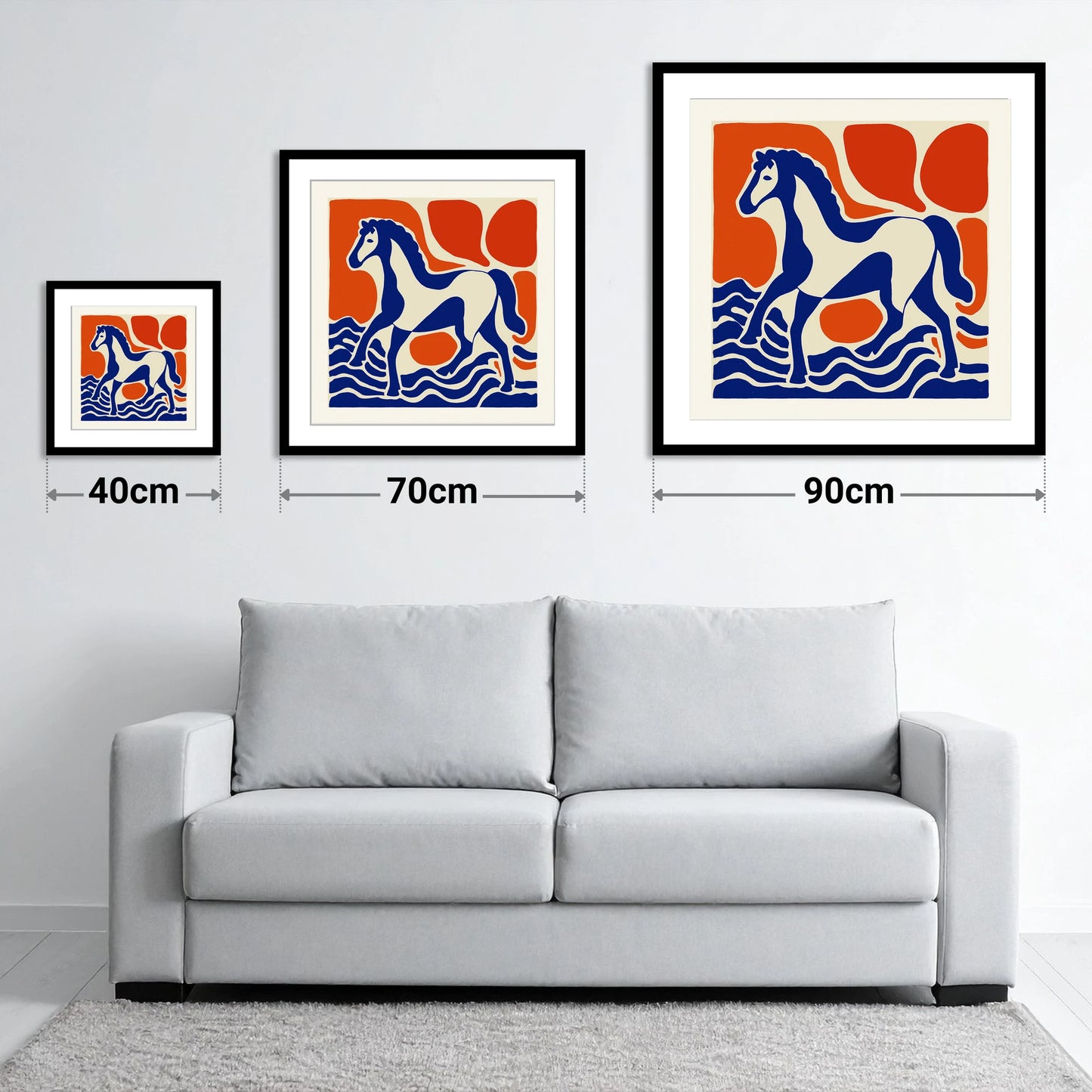 Striding Through Cobalt - size guide showing 40cm, 70cm and 90cm art prints