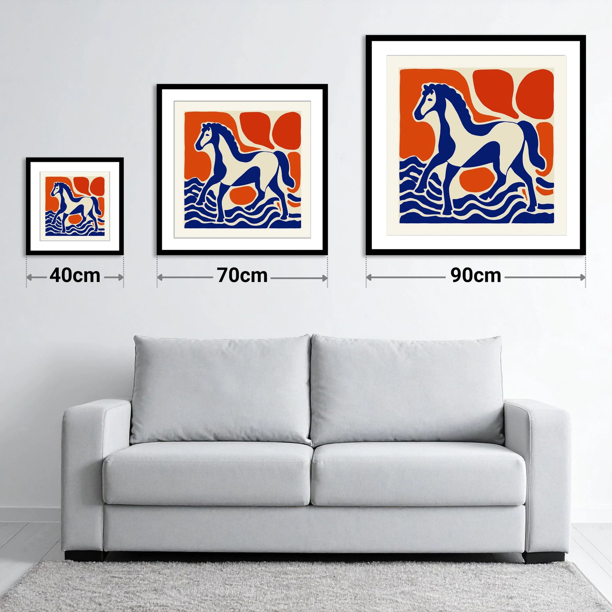 Striding Through Cobalt - size guide showing 40cm, 70cm and 90cm art prints