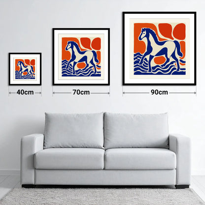Striding Through Cobalt - size guide showing 40cm, 70cm and 90cm art prints