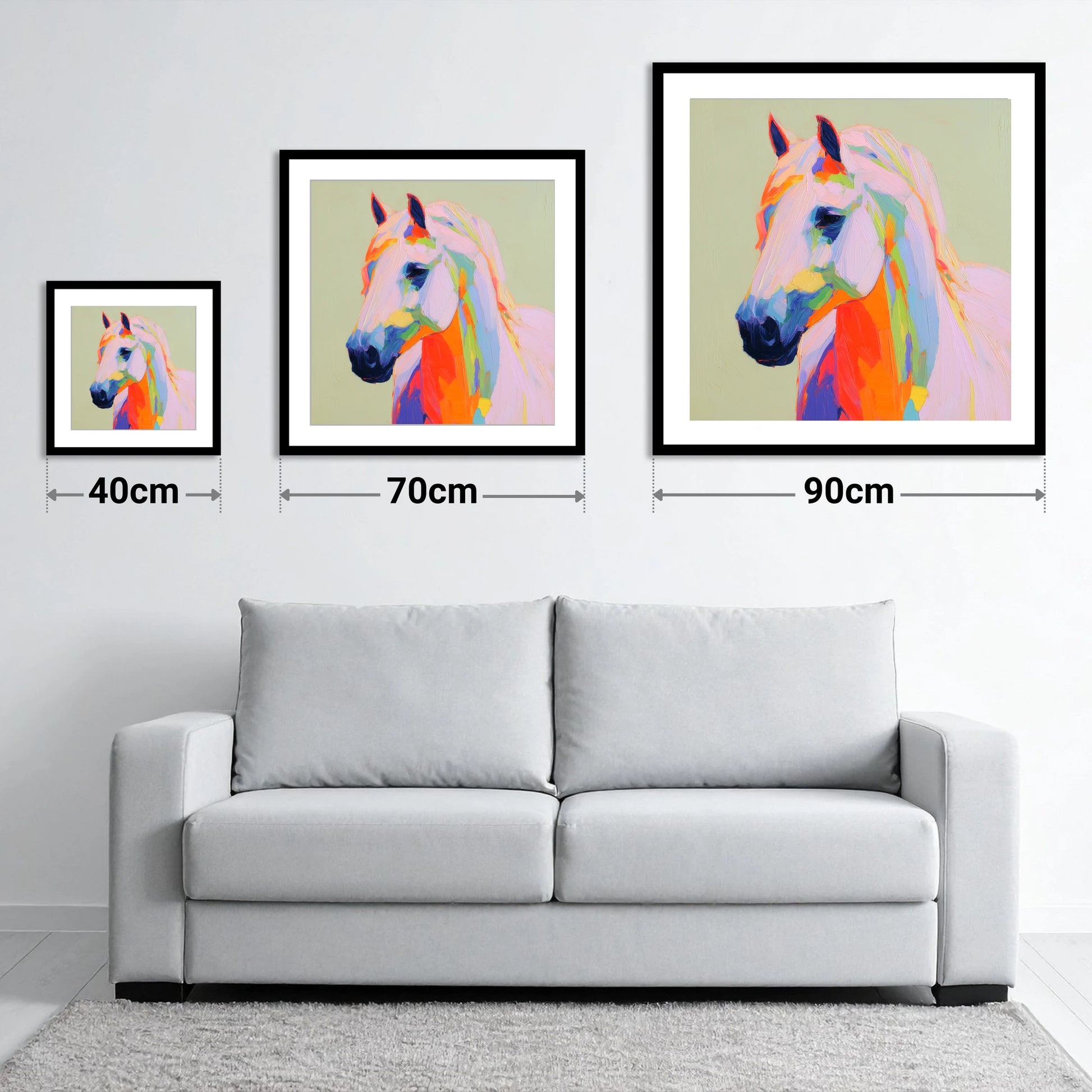 Vivid Equine Profile - size guide showing 40cm, 70cm and 90cm art prints