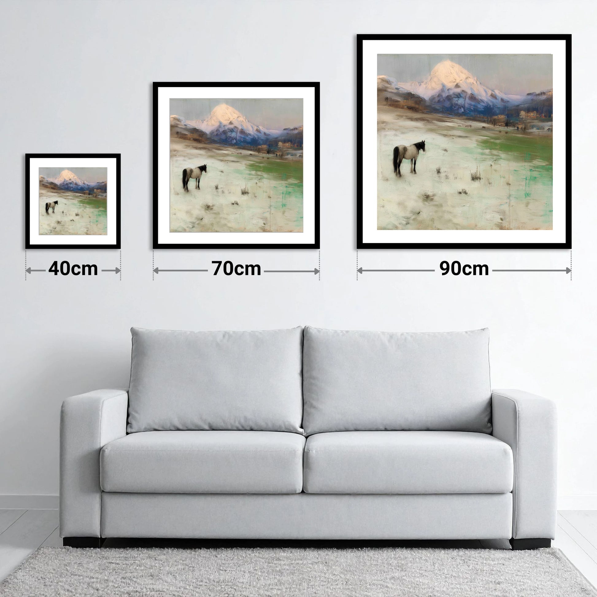 Alpine Solitude - size guide showing 40cm, 70cm and 90cm art prints
