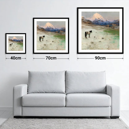 Alpine Solitude - size guide showing 40cm, 70cm and 90cm art prints
