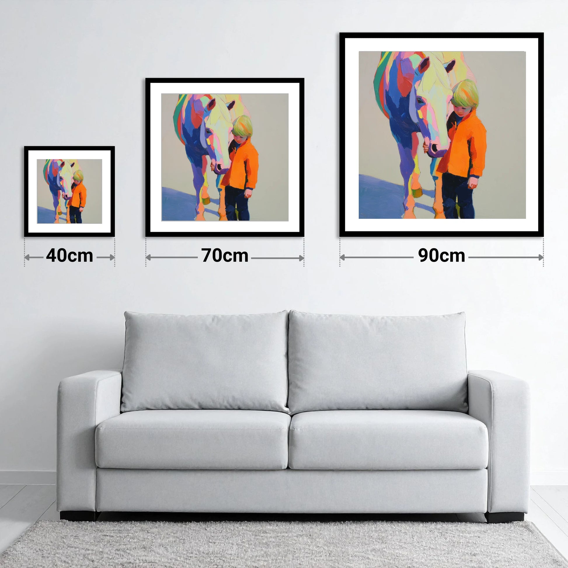 Radiant Bond - size guide showing 40cm, 70cm and 90cm art prints