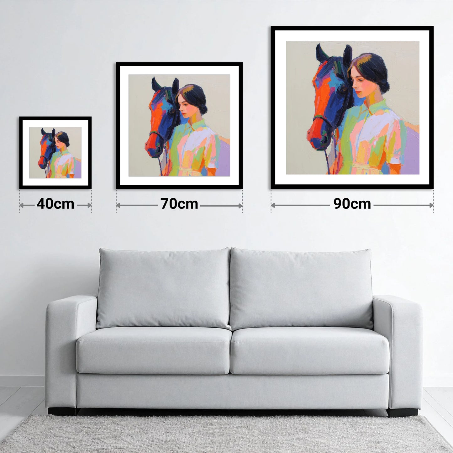 Radiant Companionship - size guide showing 40cm, 70cm and 90cm art prints