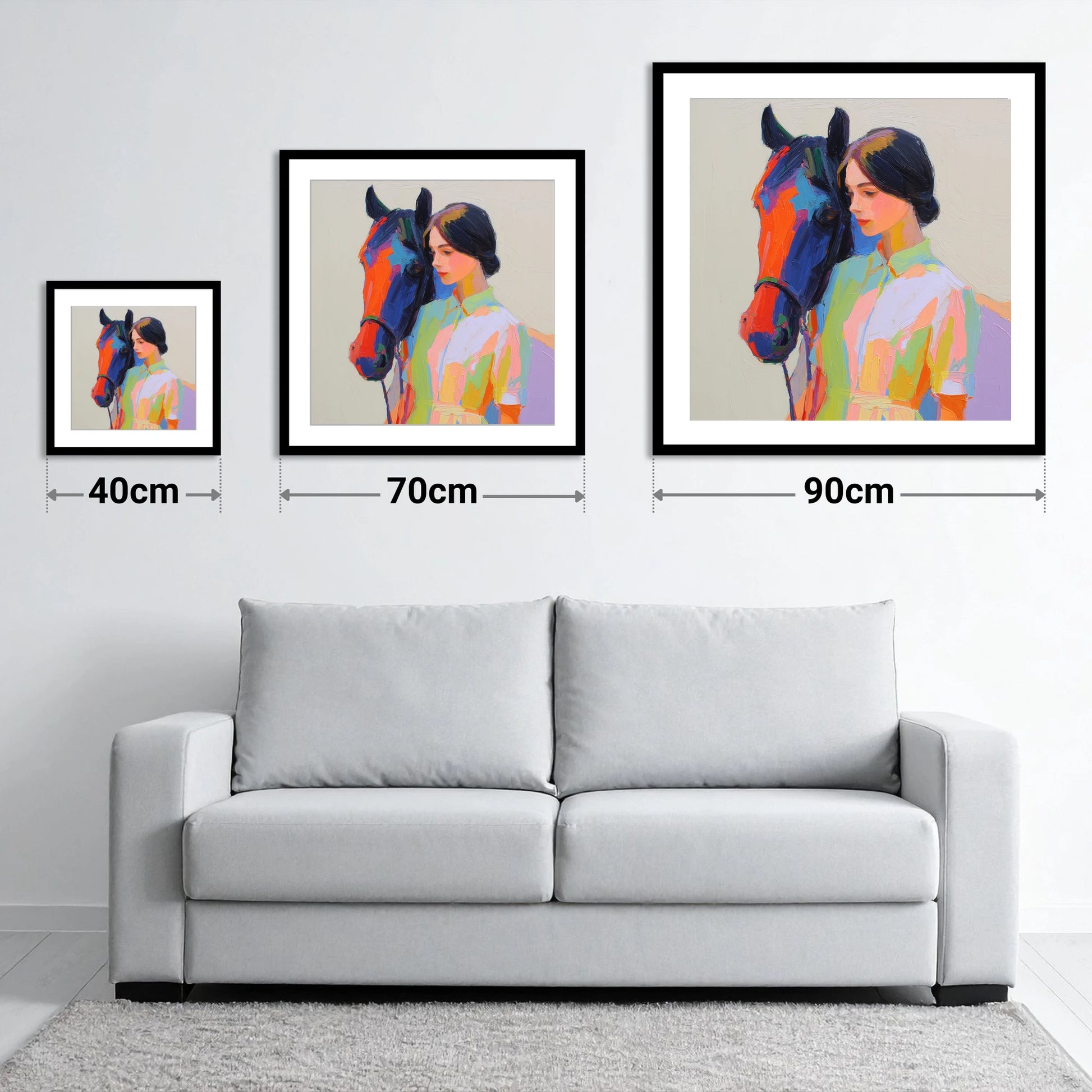 Radiant Companionship - size guide showing 40cm, 70cm and 90cm art prints