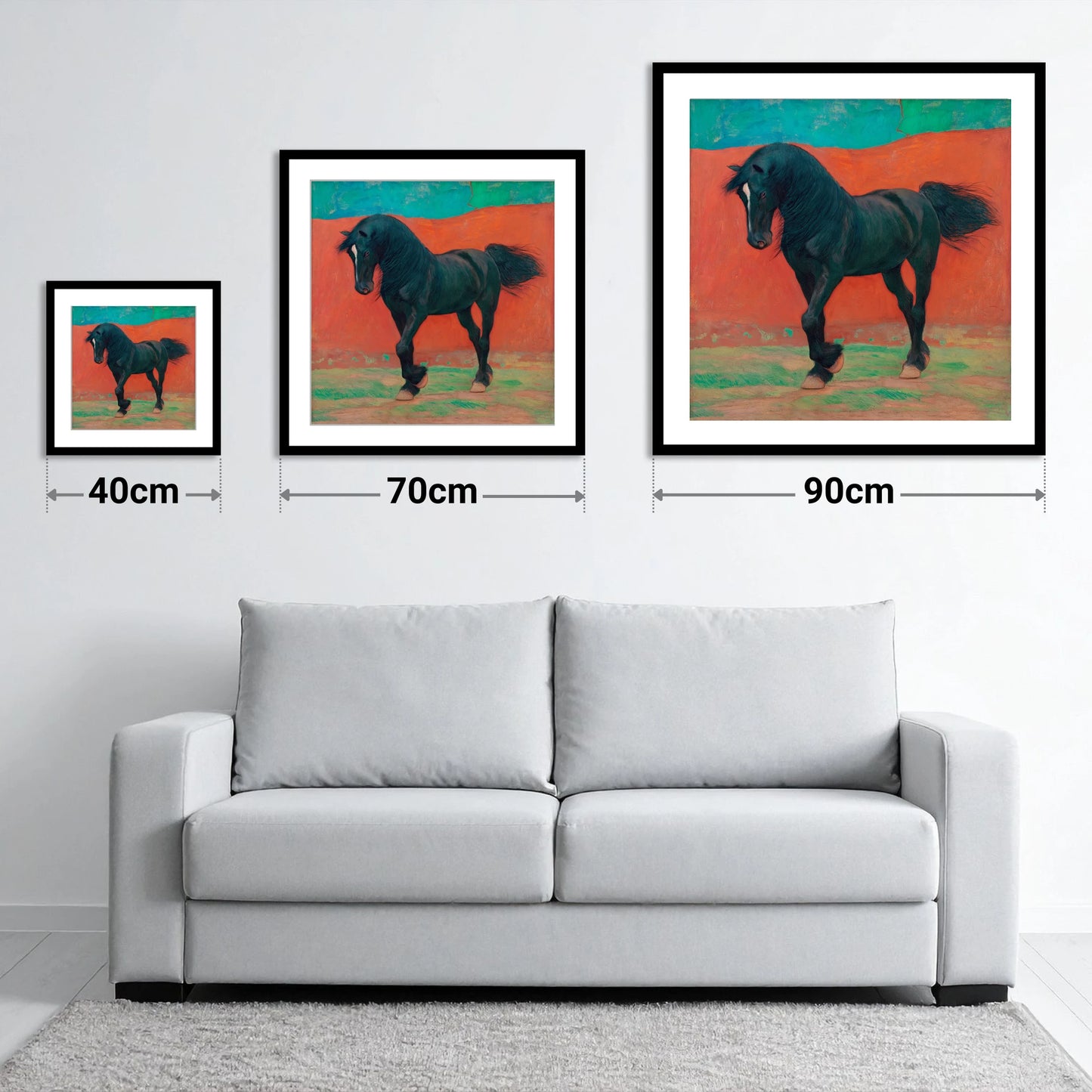 Bold Friesian Rhythm - size guide showing 40cm, 70cm and 90cm art prints