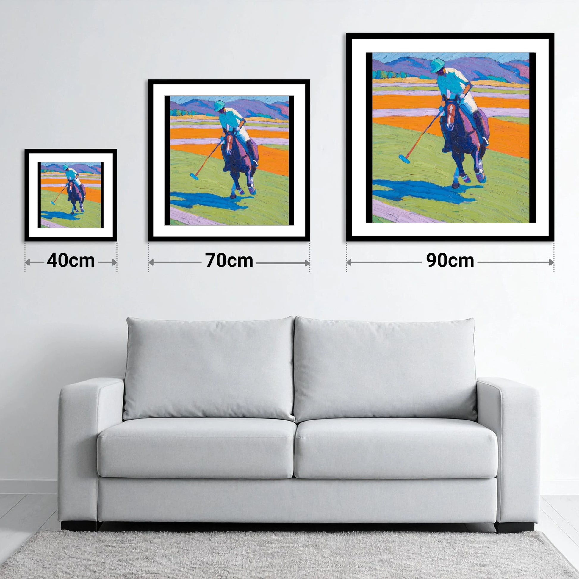 Vivid Chukka - size guide showing 40cm, 70cm and 90cm art prints