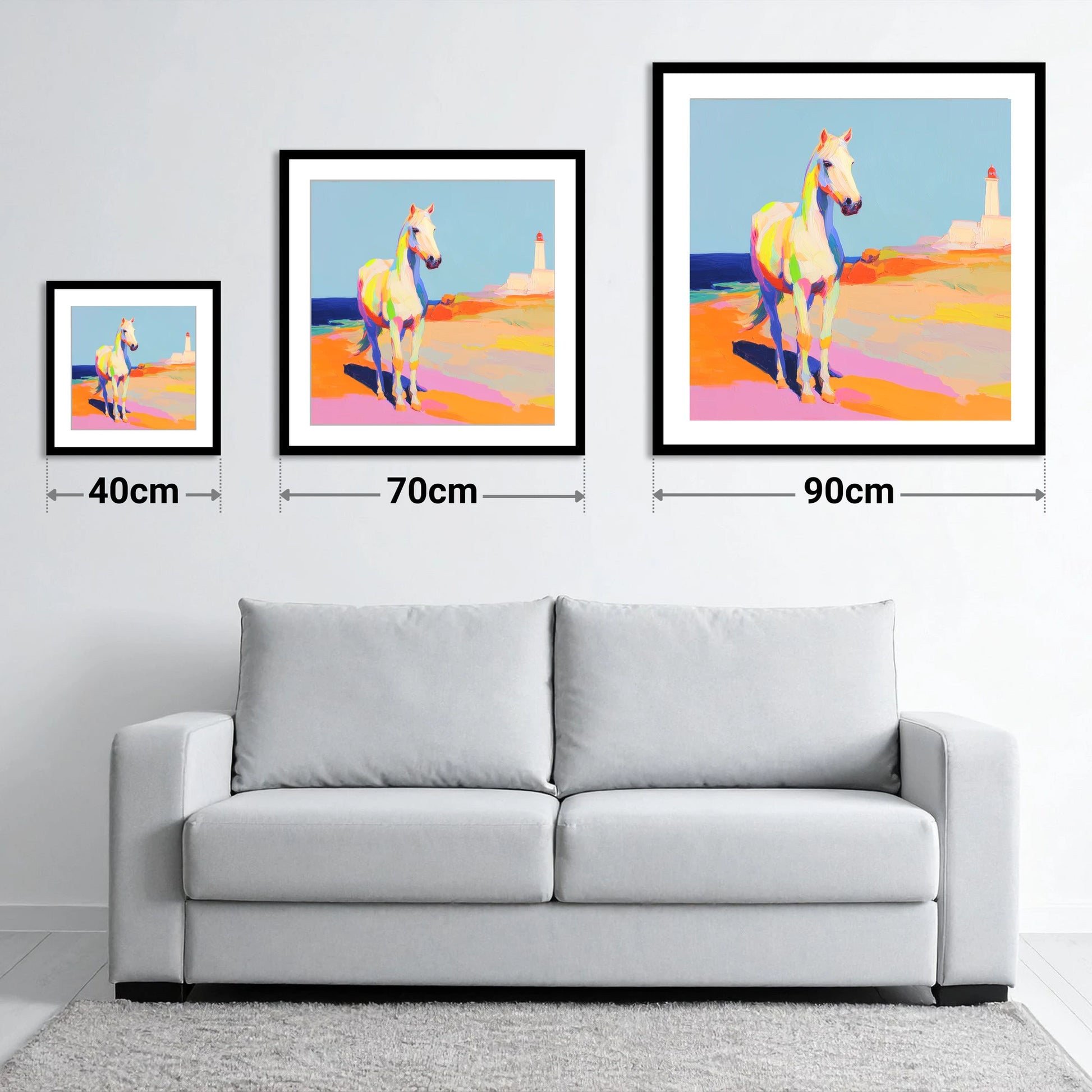 Vibrant Coastal Equine - size guide showing 40cm, 70cm and 90cm art prints