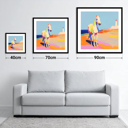 Vibrant Coastal Equine - size guide showing 40cm, 70cm and 90cm art prints