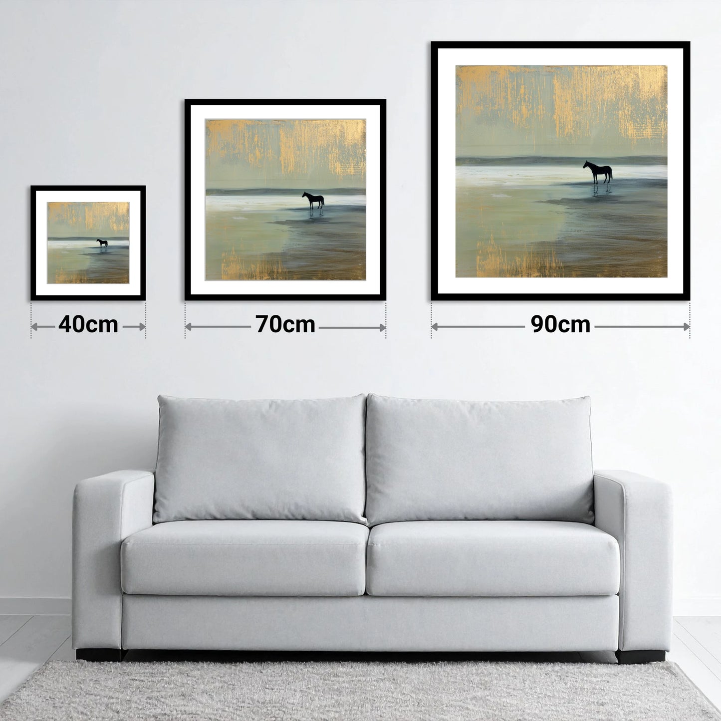 Gilded Horizon - size guide showing 40cm, 70cm and 90cm art prints