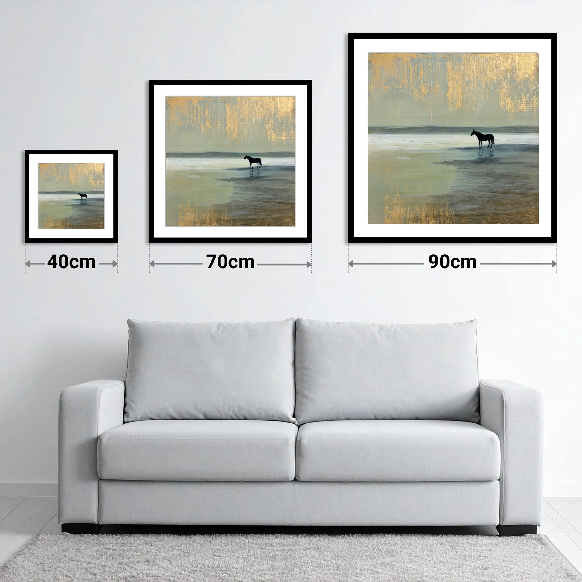 Gilded Horizon - size guide showing 40cm, 70cm and 90cm art prints