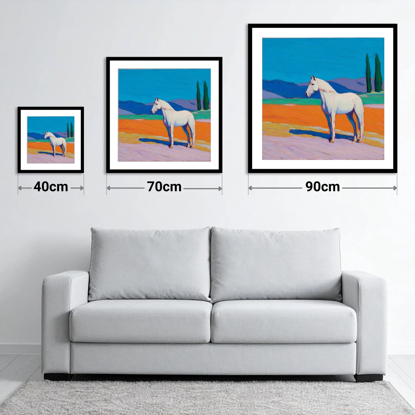 Radiant White Equine - size guide showing 40cm, 70cm and 90cm art prints