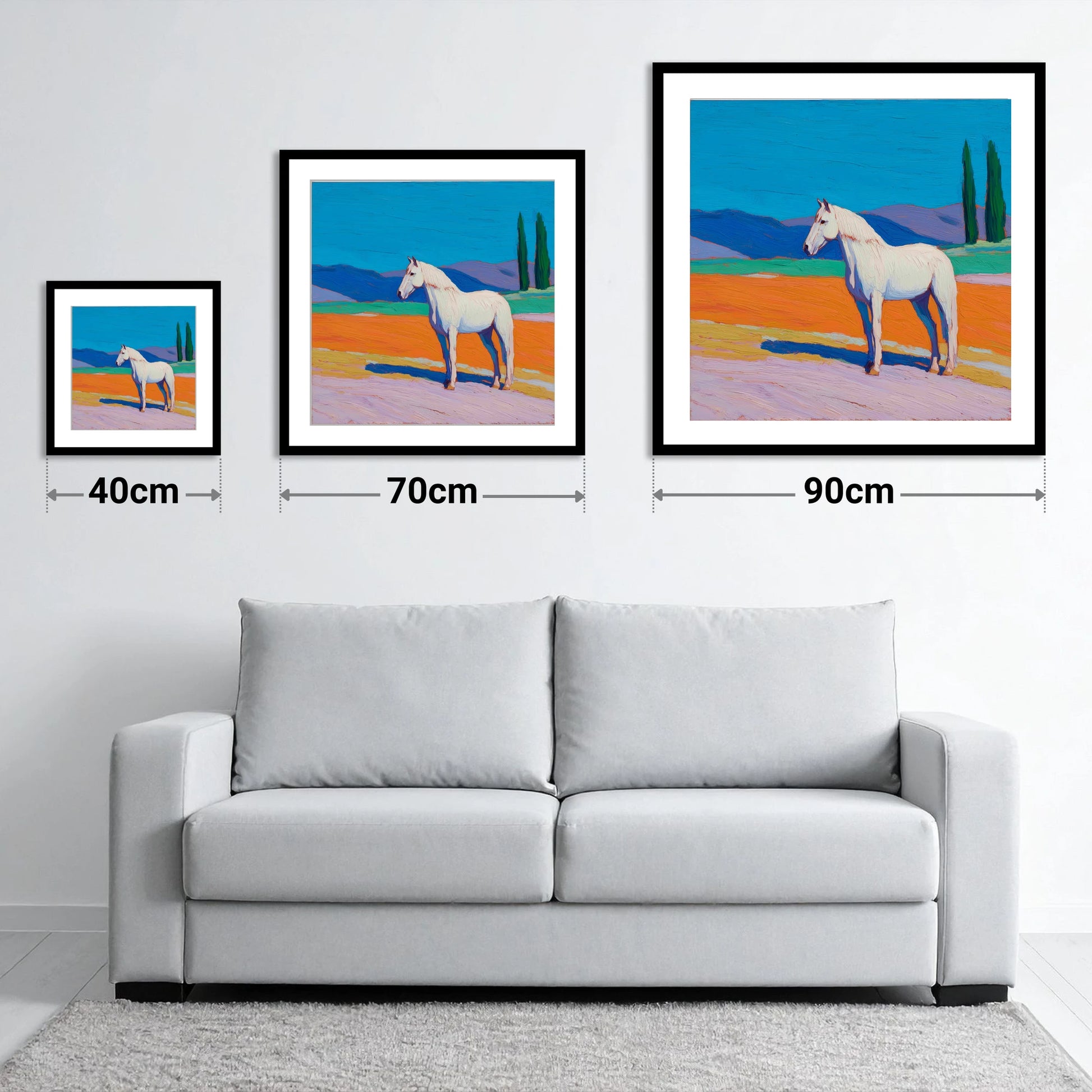 Radiant White Equine - size guide showing 40cm, 70cm and 90cm art prints