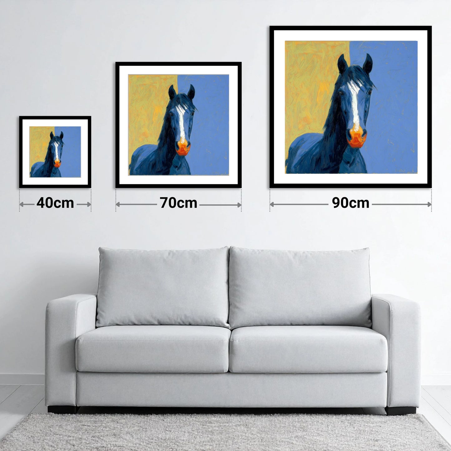 The Azure Blaze - size guide showing 40cm, 70cm and 90cm art prints