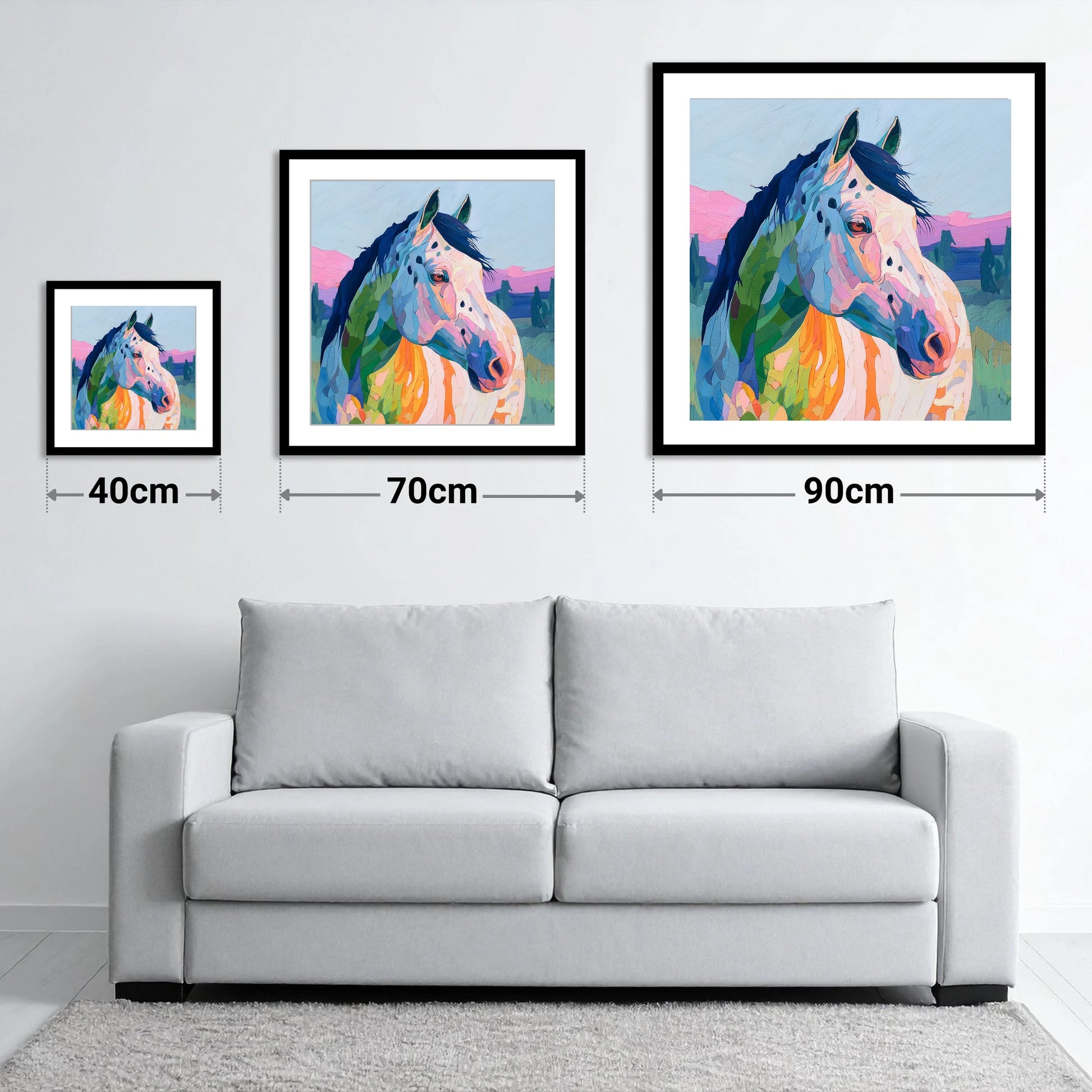 Prismatic Spirit - size guide showing 40cm, 70cm and 90cm art prints
