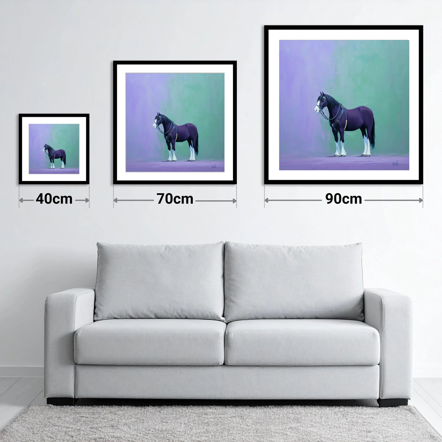 Harnessed Strength - size guide showing 40cm, 70cm and 90cm art prints