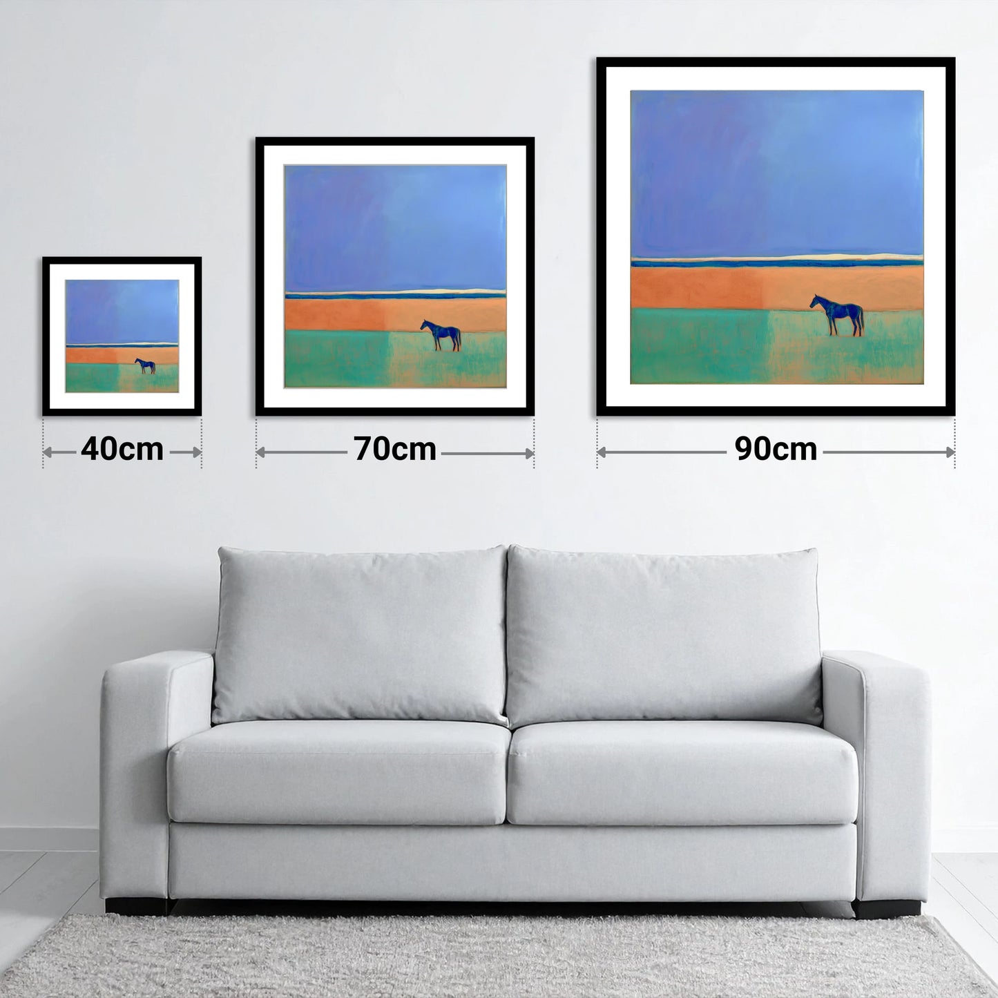 The Silent Expanse - size guide showing 40cm, 70cm and 90cm art prints
