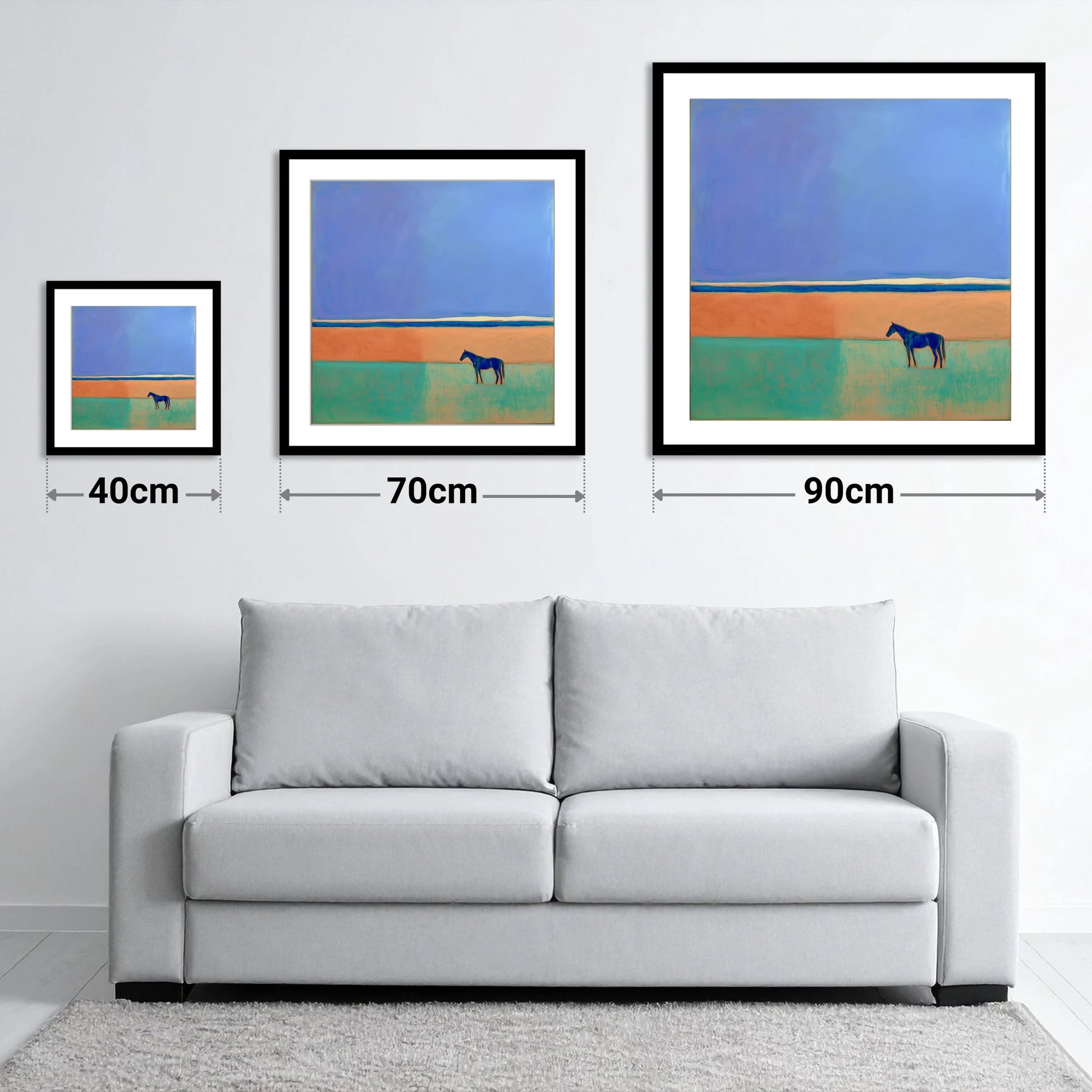 The Silent Expanse - size guide showing 40cm, 70cm and 90cm art prints
