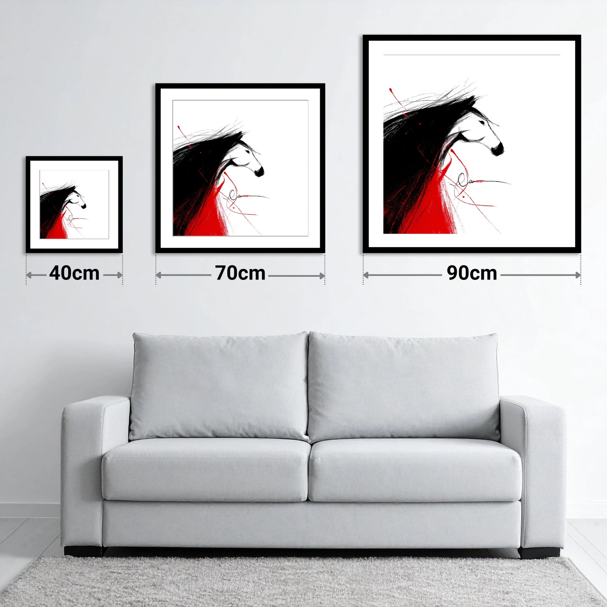 Crimson Spirit Silhouette - size guide showing 40cm, 70cm and 90cm art prints
