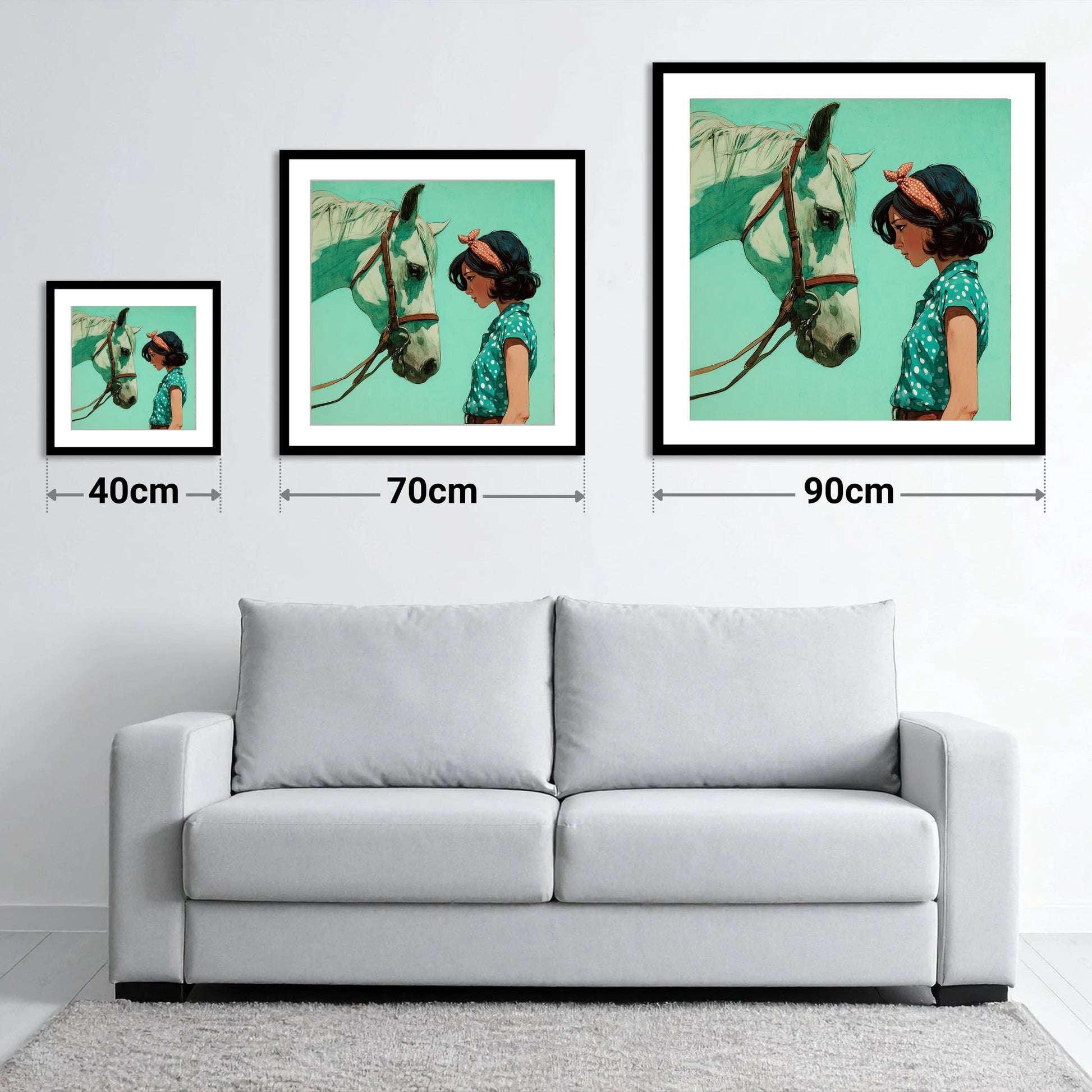 The Quiet Exchange - size guide showing 40cm, 70cm and 90cm art prints