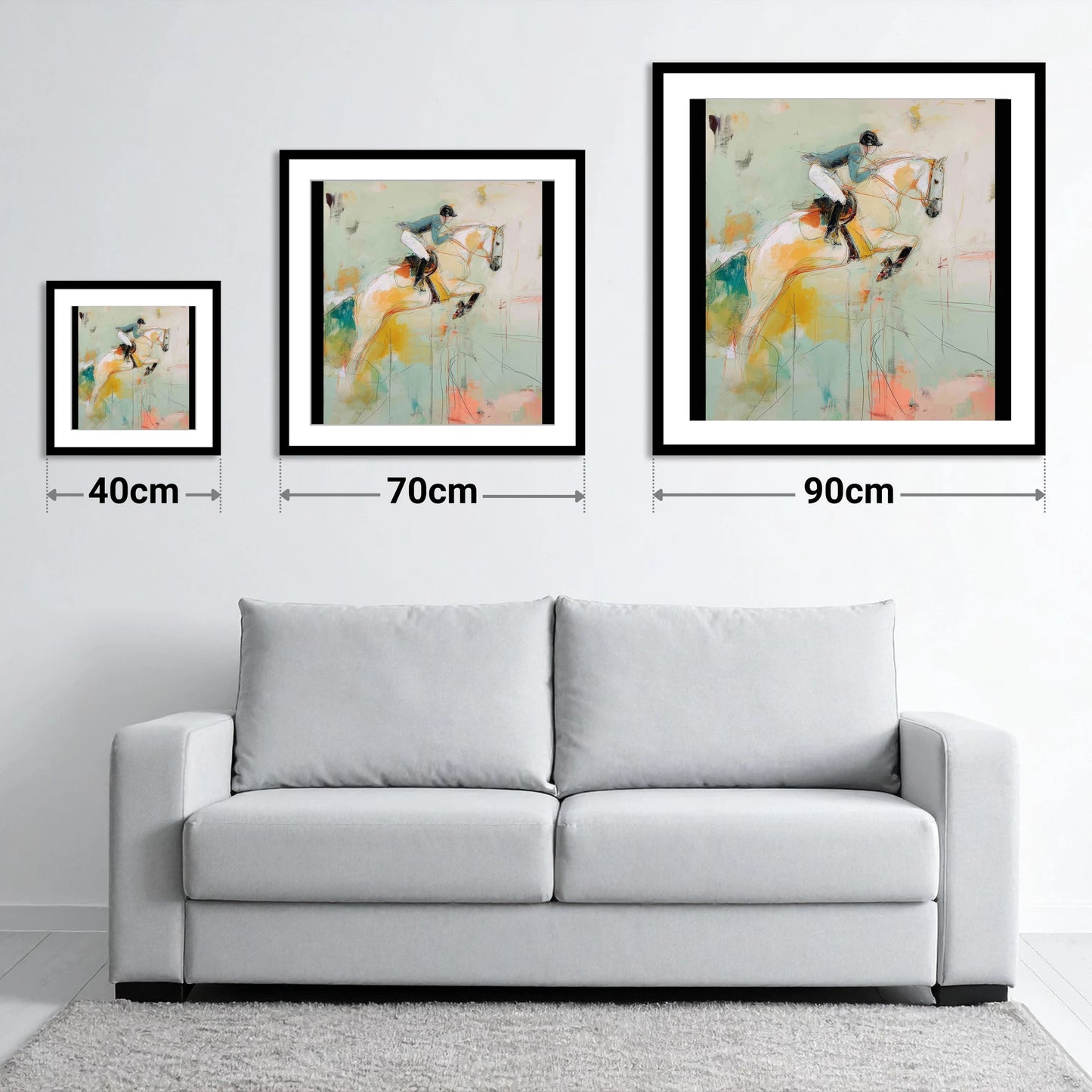 The Perfect Stride - size guide showing 40cm, 70cm and 90cm art prints