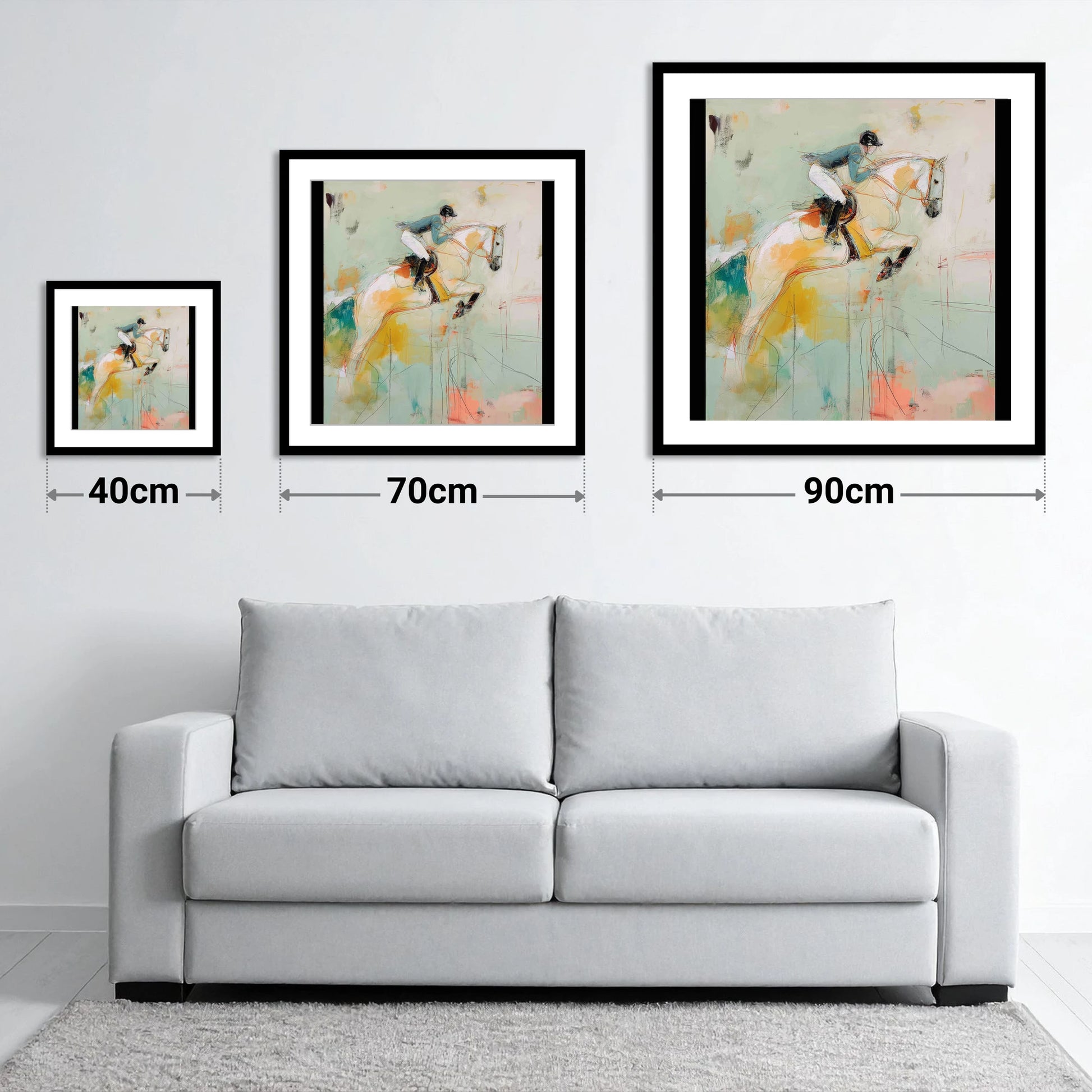 The Perfect Stride - size guide showing 40cm, 70cm and 90cm art prints