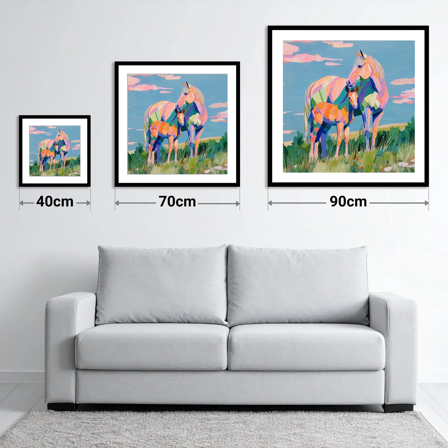 Vibrant Maternal Bond - size guide showing 40cm, 70cm and 90cm art prints