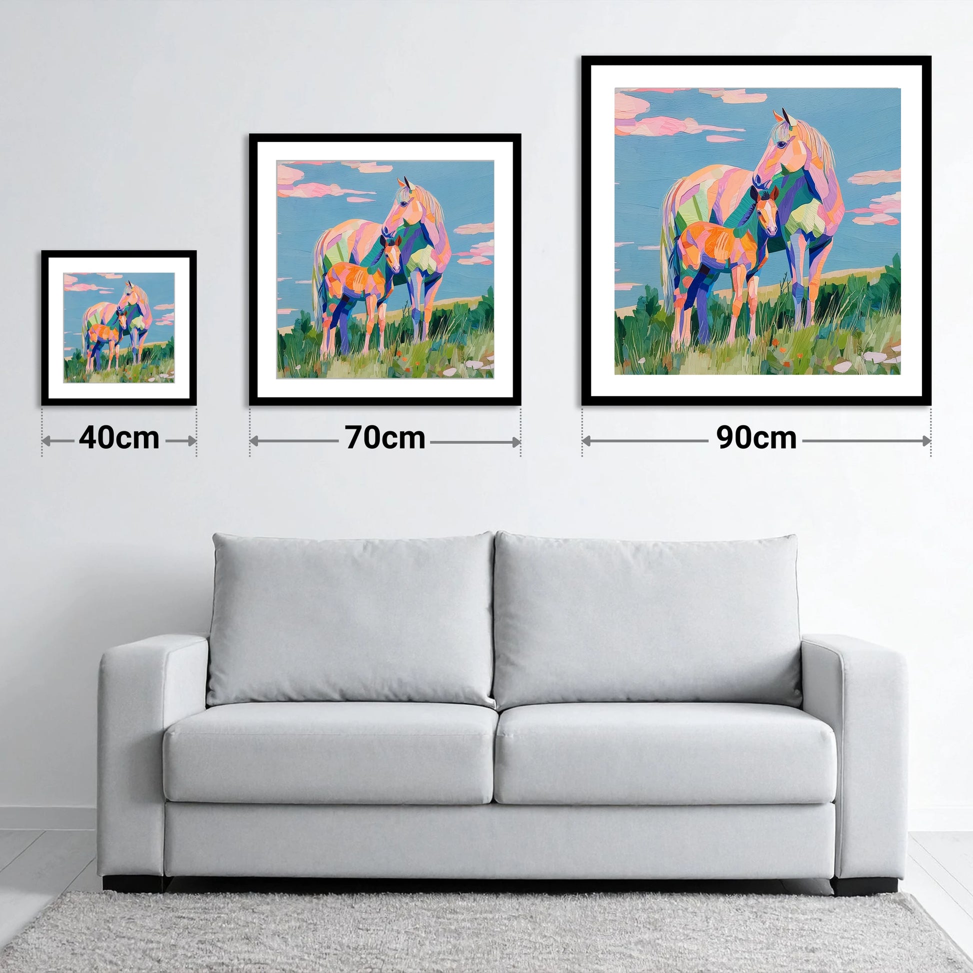 Vibrant Maternal Bond - size guide showing 40cm, 70cm and 90cm art prints