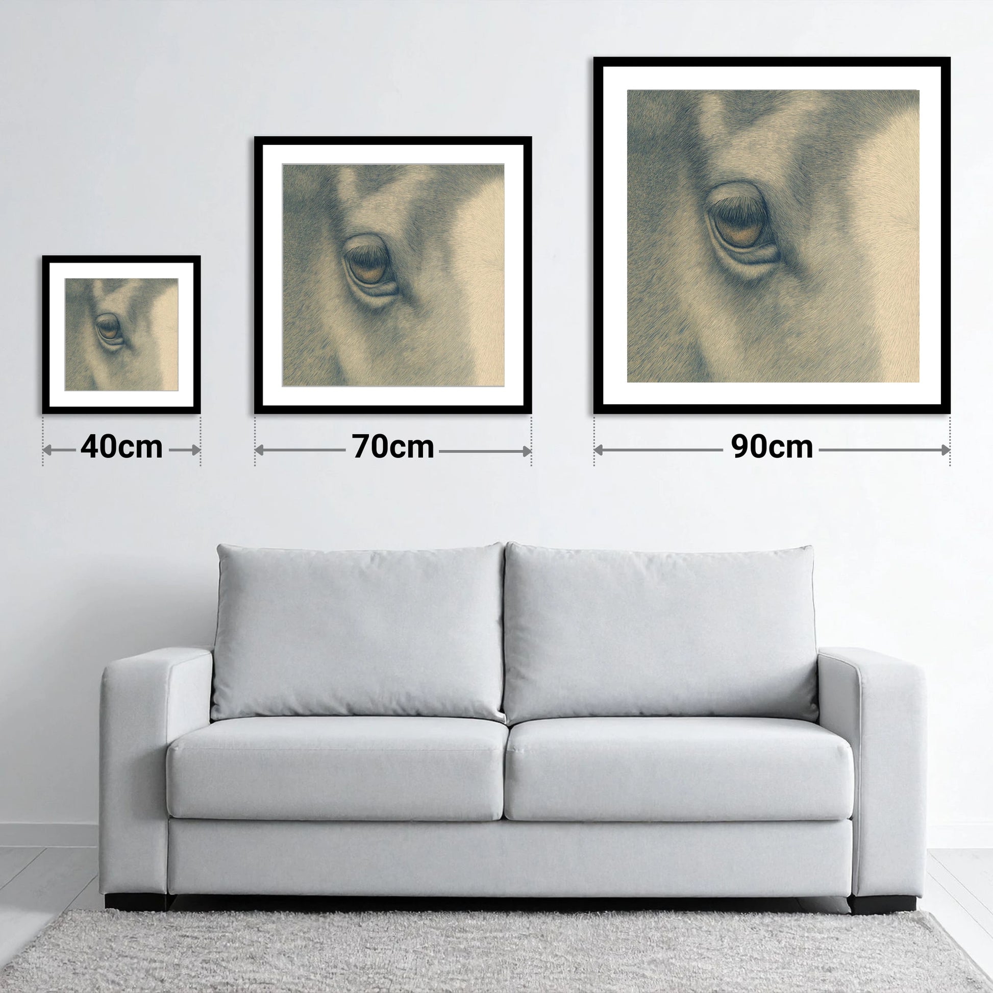 The Gentle Eye - size guide showing 40cm, 70cm and 90cm art prints