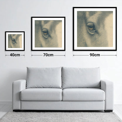 The Gentle Eye - size guide showing 40cm, 70cm and 90cm art prints